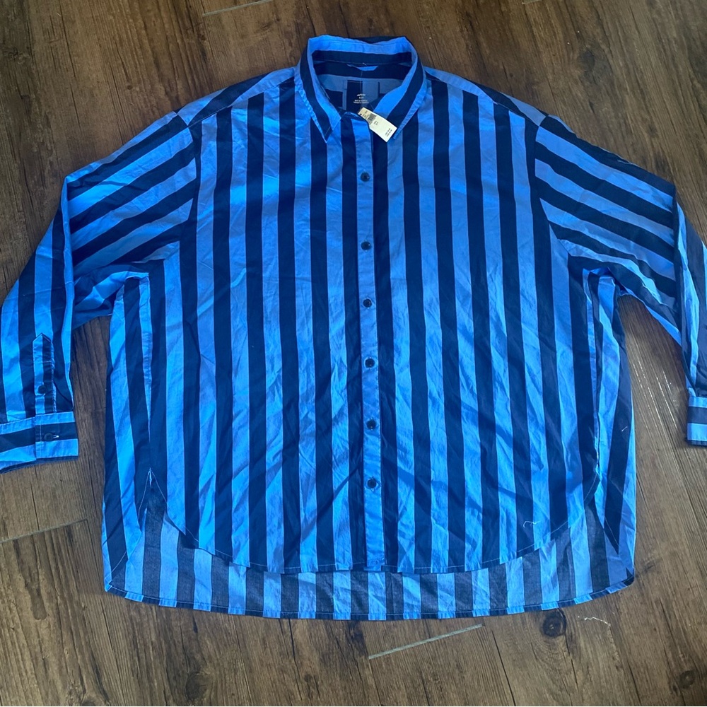 Striped Blue Button-Up Shirt - Women's Blue Stripe Top - Picture 2 of 7